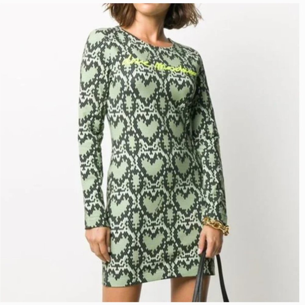 NWT Love Moschino Heart Logo Long Sleeve Snakeskin Fitted Dress Green Size 4